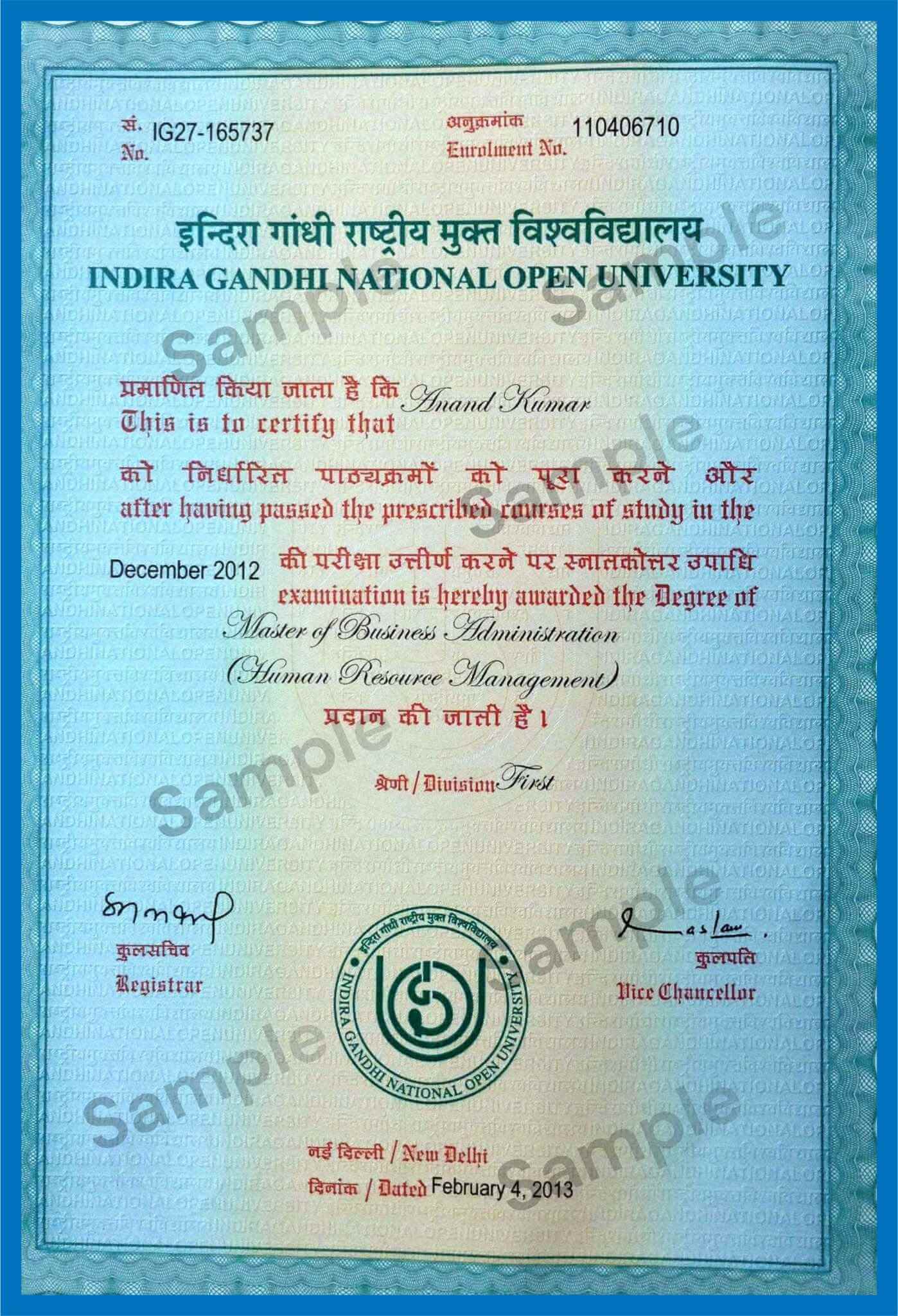 Sample IGNOU Marksheet for reference